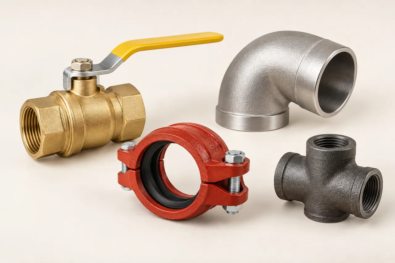 Illustrative arrangement of a lever valve, pipe elbow, grooved coupling and iron fitting